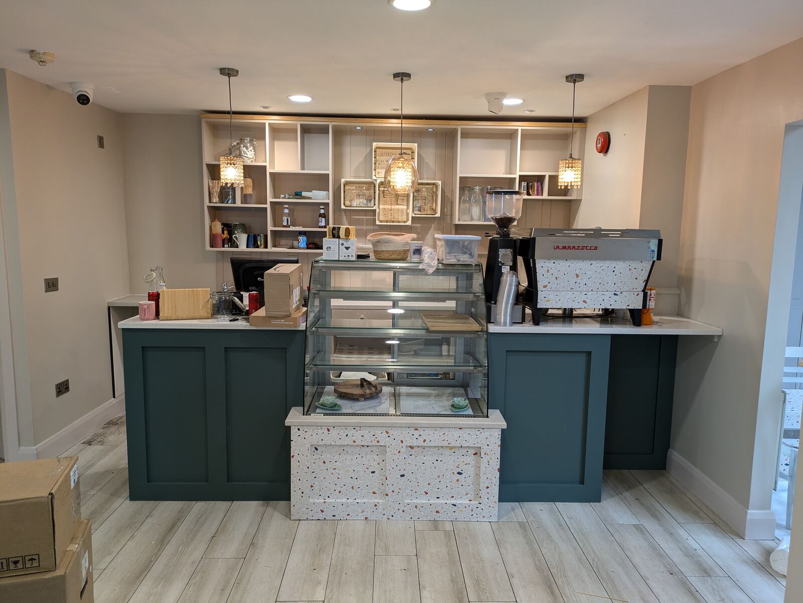 Cafe Storm counter wrapped in colourful terrazzo-effect vinyl